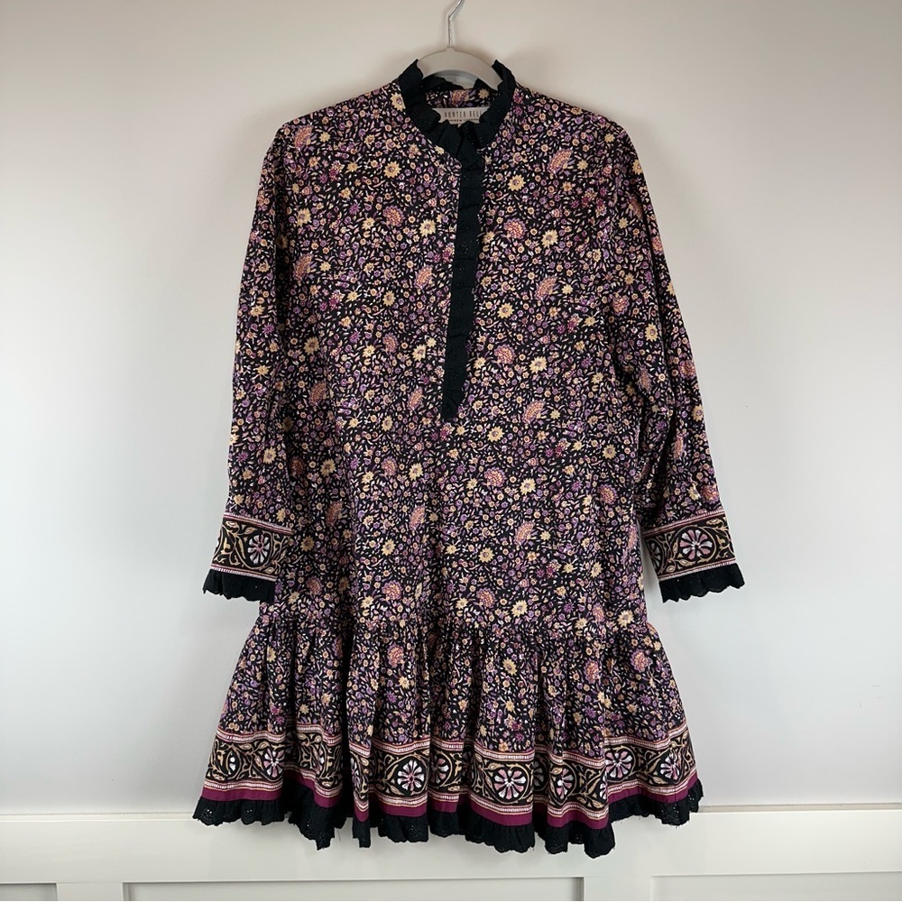 Hunter Bell Purple Black Midnight Floral Long Sleeve Carter Mini Dress Medium